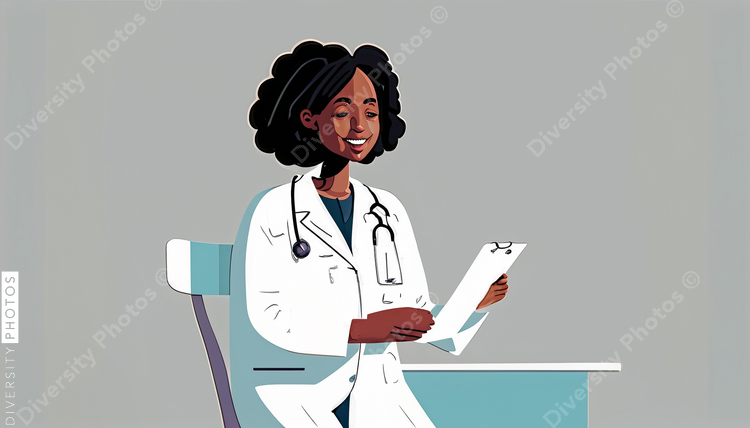 illustration of a confident Black doctor in a white lab coat consulting patient simple back