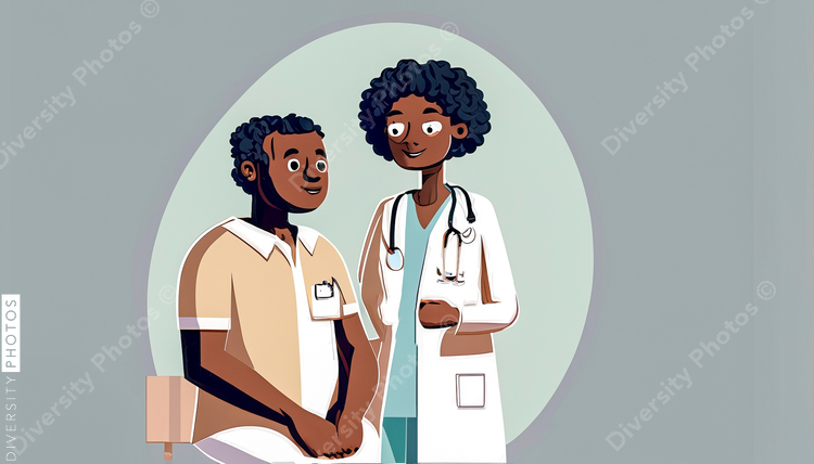 illustration of a confident Black doctor in a white lab coat consulting patient simple back (8)