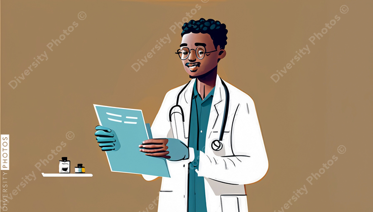 illustration of a confident Black doctor in a white lab coat consulting patient simple back (11)