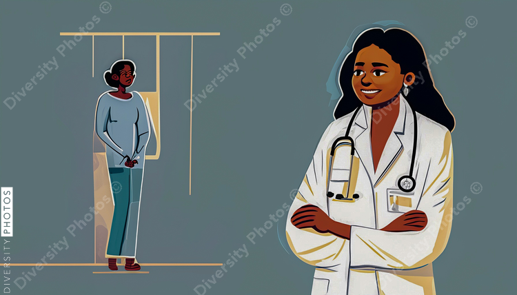 illustration of a confident Black doctor in a white lab coat consulting patient simple back (12)