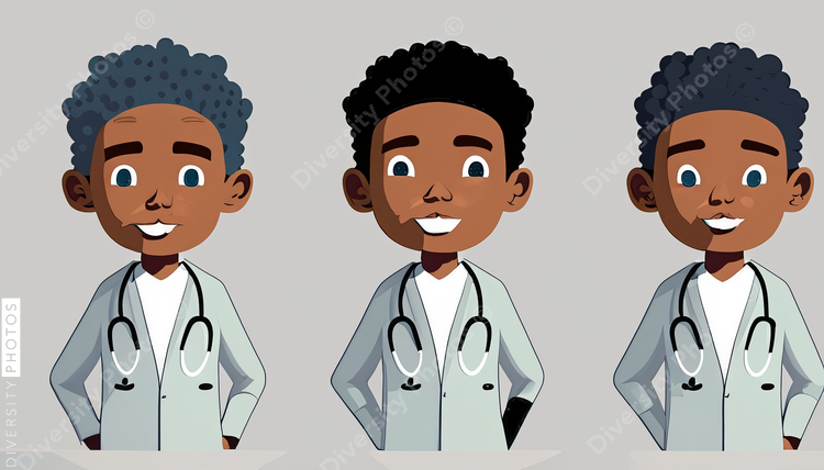 illustration of three confident Black pediatrician doctor with big gray afro in different po (3)