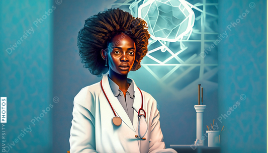 Black woman doctor in white lab coat cinematic portrait geometric 
