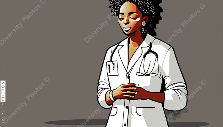 confident Black woman doctor in white lab coat in style of creative flame 6718