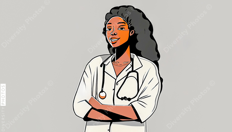 confident Black woman doctor in white lab coat in style of creative flame 4025
