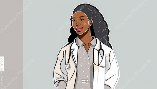 confident Black woman doctor in white lab coat in style of diversity photos 4025
