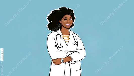 confident Black woman doctor in white lab coat in style of diversity photos 26571