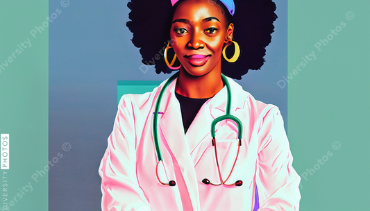 confident Black woman doctor in white lab coat in style of diversity photos 60717