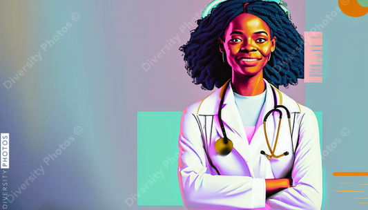 confident Black woman doctor in white lab coat in style of diversity photos 22981