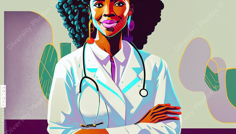 confident Black woman doctor in white lab coat in style of diversity photos 31687