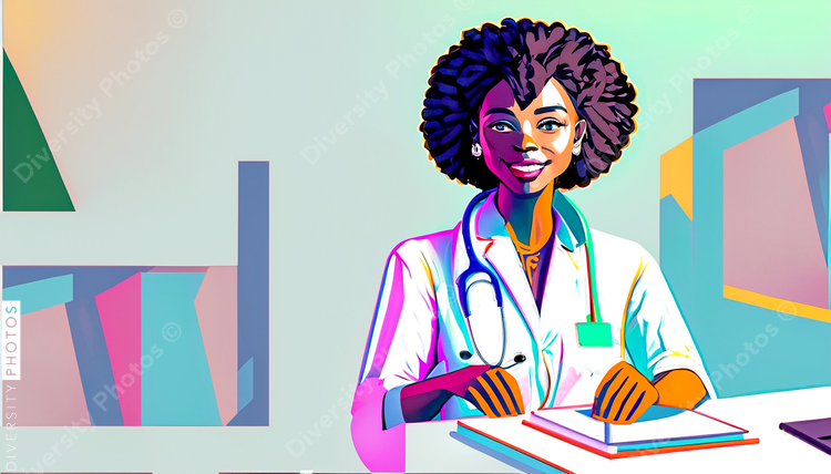 confident Black woman doctor in white lab coat in style of diversity photos 61047 (1)