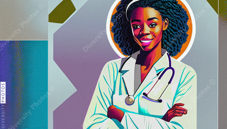 confident Black woman doctor in white lab coat in style of diversity photos 22981 (1)