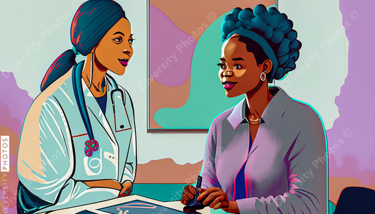 confident Black woman doctor in white lab coat consulting patient in style of diversity pho (1)