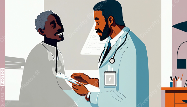 confident Black doctor in white lab coat consulting patient in style of diversity photos 81