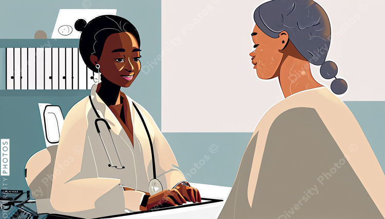illustration of a confident Black doctor in a white lab coat consulting patient 97607