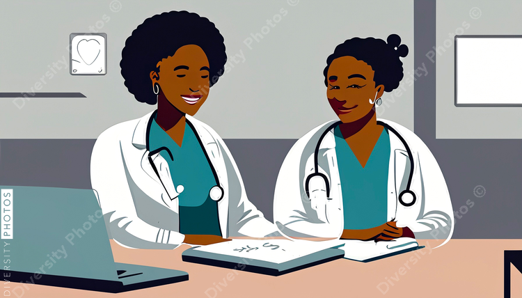 illustration of a confident Black doctor in a white lab coat consulting patient 10998
