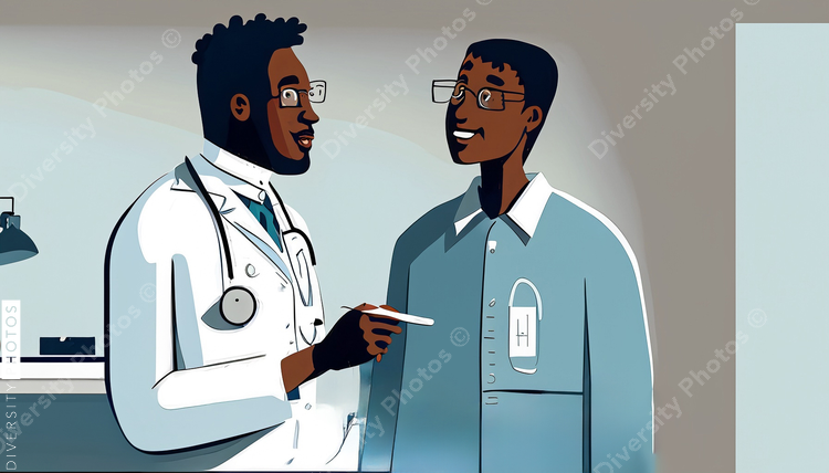 illustration of a confident Black doctor in a white lab coat consulting patient 86721