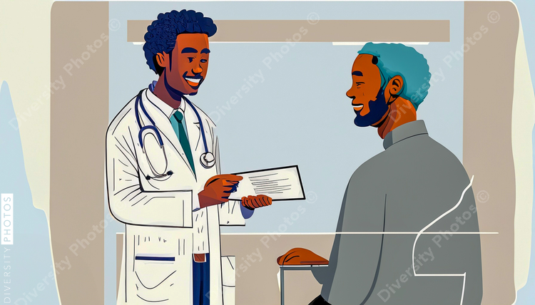 illustration of a confident Black doctor in a white lab coat consulting patient 72887