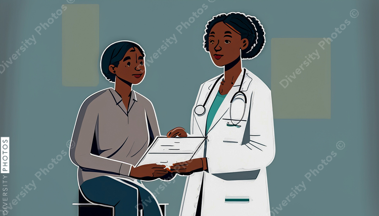 illustration of a confident Black doctor in a white lab coat consulting patient 60217