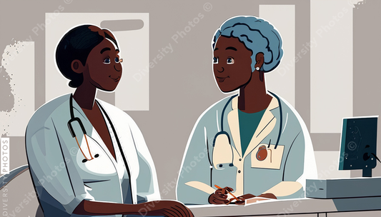 illustration of a confident Black doctor in a white lab coat consulting patient 80823