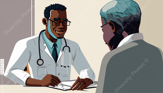 illustration of a confident Black doctor in a white lab coat consulting patient 56749
