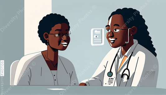 illustration of a confident Black doctor in a white lab coat consulting patient 49583