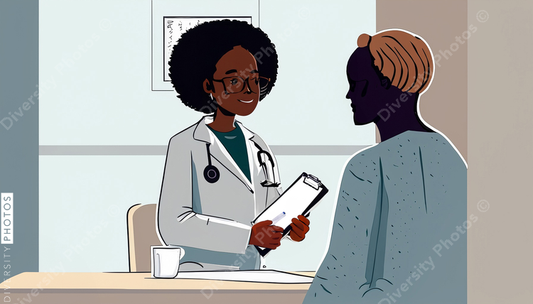 illustration of a confident Black doctor in a white lab coat consulting patient 4756