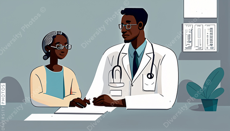 illustration of a confident Black doctor in a white lab coat consulting patient 2998