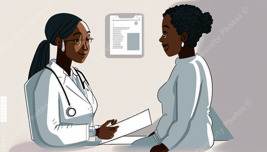 illustration of a confident Black doctor in a white lab coat consulting white patient white