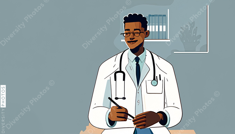illustration of a confident Black doctor in a white lab coat consulting patient simple back (1)