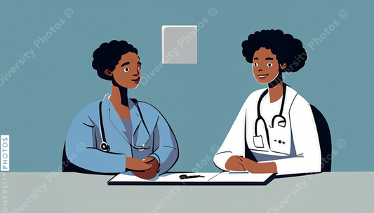 illustration of a confident Black doctor in a white lab coat consulting patient simple back (2)