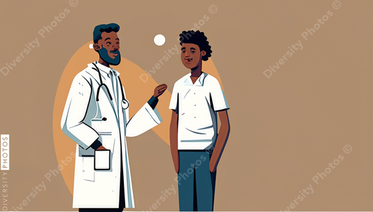 illustration of a confident Black doctor in a white lab coat consulting patient simple back (3)