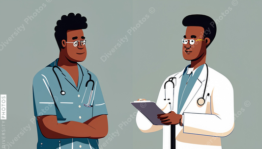 illustration of a confident Black doctor in a white lab coat consulting patient simple back (4)