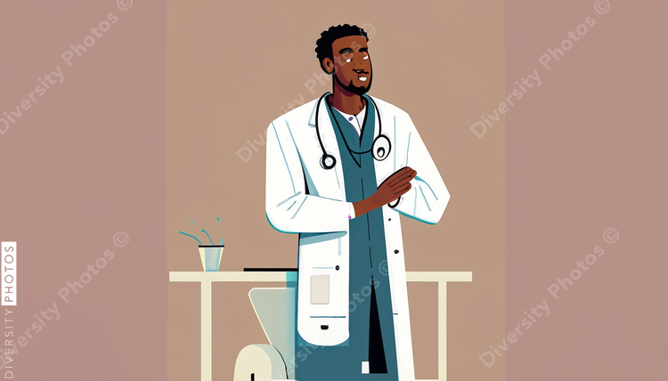 illustration of a confident Black doctor in a white lab coat consulting patient simple back (6)