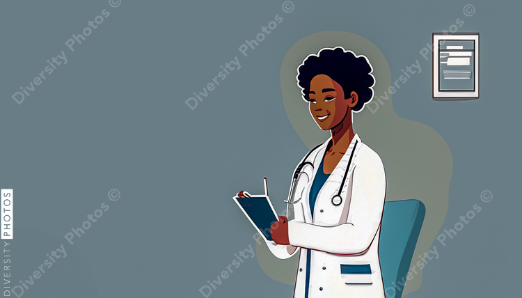 illustration of a confident Black doctor in a white lab coat consulting patient simple back (9)