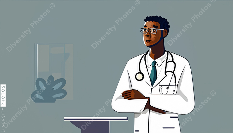 illustration of a confident Black doctor in a white lab coat consulting patient simple back (10)