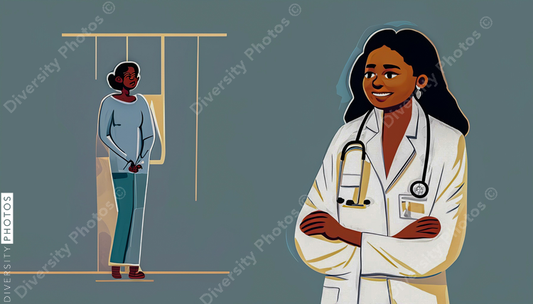 illustration of a confident Black doctor in a white lab coat consulting patient simple back (12)