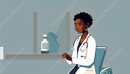illustration of a confident Black doctor in a white lab coat consulting patient simple back (13)