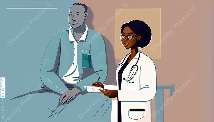 illustration of a confident Black doctor in a white lab coat consulting helping patient sim