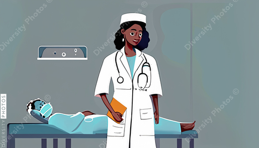 illustration of a confident Black doctor in a white lab coat consulting helping patient sim (1)