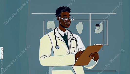 illustration of a confident Black doctor in a white lab coat consulting helping patient sim (2)