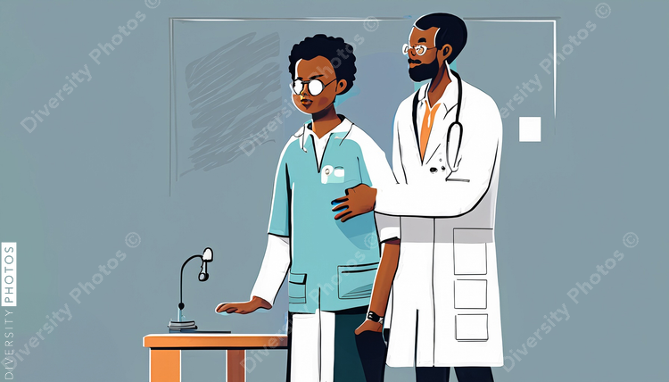 illustration of a confident Black doctor in a white lab coat consulting helping patient sim (3)