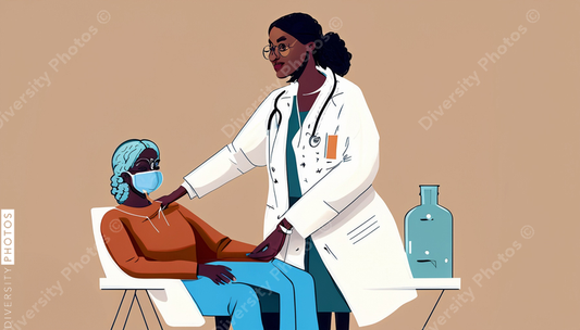 illustration of a confident Black doctor in a white lab coat consulting and helping a patien