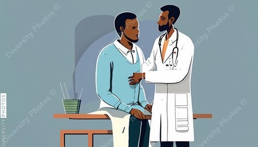 illustration of a confident Black doctor in a white lab coat consulting and helping a patien (1)