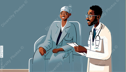 illustration of a confident Black doctor in a white lab coat consulting and helping a patien (2)