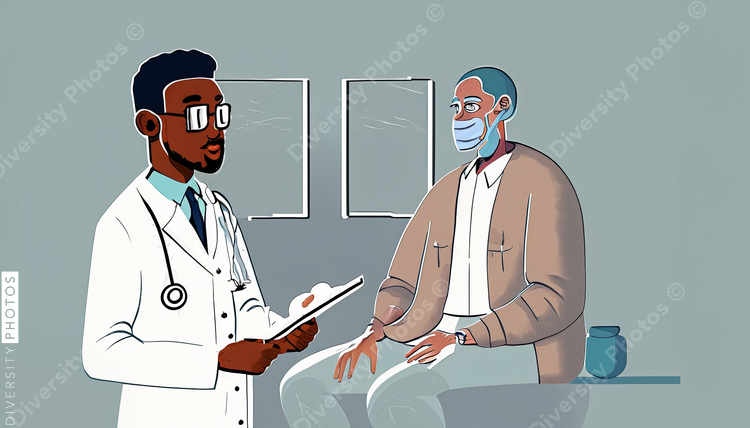 illustration of a confident Black doctor in a white lab coat consulting and helping a patien (3)