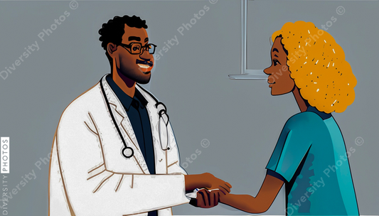 illustration of a confident Black doctor in a white lab coat consulting and helping a patien (4)