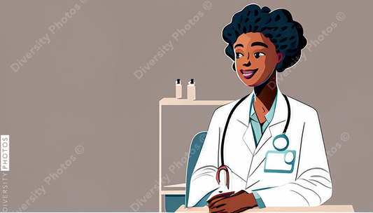 illustration of a confident Black doctor in a white lab coat consulting and helping a patien (5)