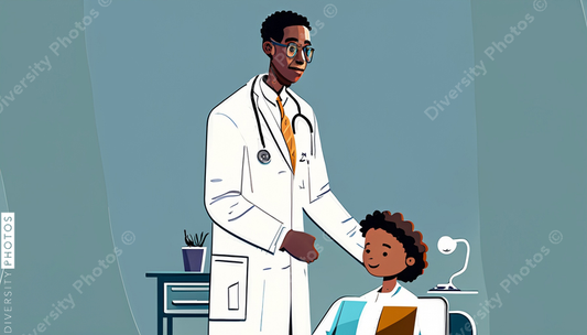 illustration of a confident Black doctor in a white lab coat consulting and helping a patien (7)