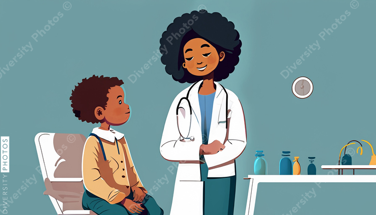 illustration of a confident Black pediatrician doctor in a white lab coat consulting and hel