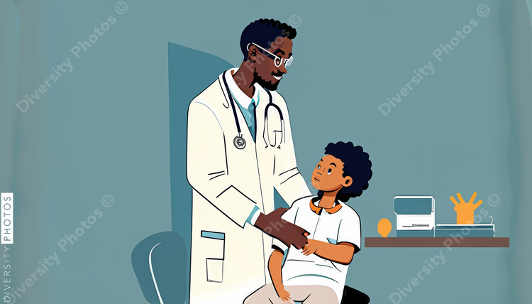 illustration of a confident Black pediatrician doctor in a white lab coat consulting and hel (1)